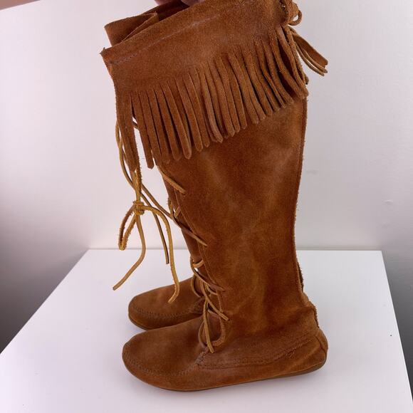 MINNETONKA Brown Genuine Suede Knee High Lace Up Moccasins Boots 7 CLASSIC - Picture 5 of 6